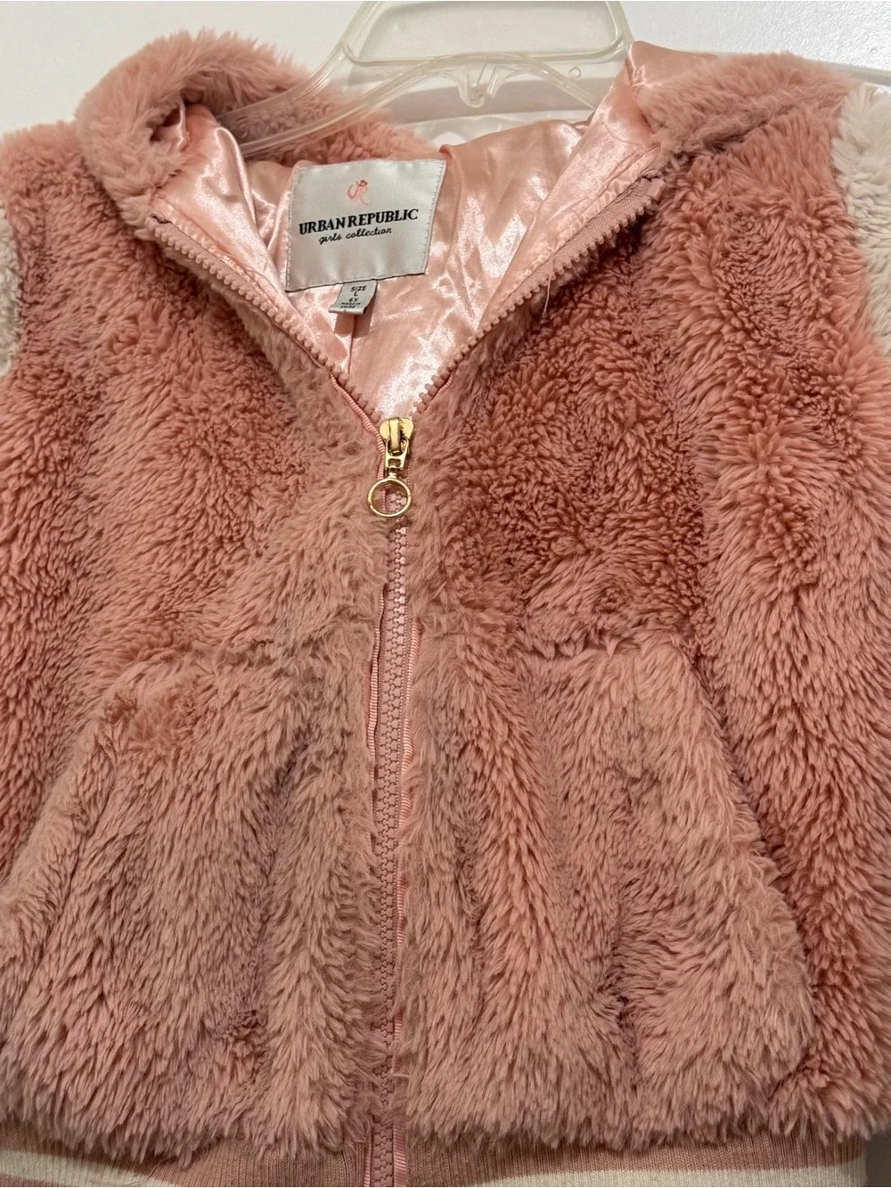 Urban Republic Pink Cream Faux Fur Hooded Varsity Jacket Coat - Kids Girls 6X